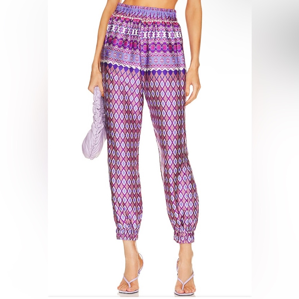 Misa Los Angeles Noomi Satin Jogger Pants Violet Geo XL NWT Resort Boho